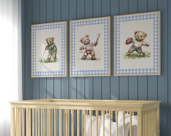 Boy's Nursery Wall Art Set of 3 ∙ Vintage Sports Teddy Bears in Blue Gingham ∙ 1889