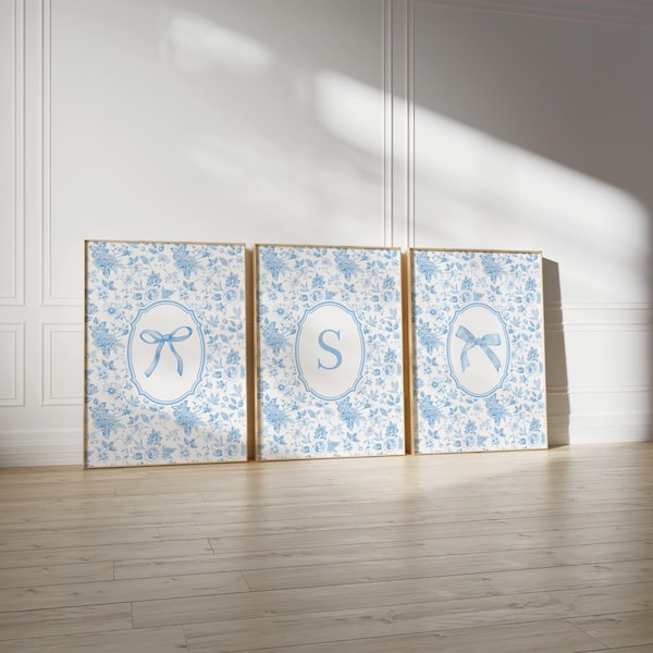 Personalized Chinoiserie Wall Art Set ∙ Blue Floral Initial Name Letter Prints ∙ 1286