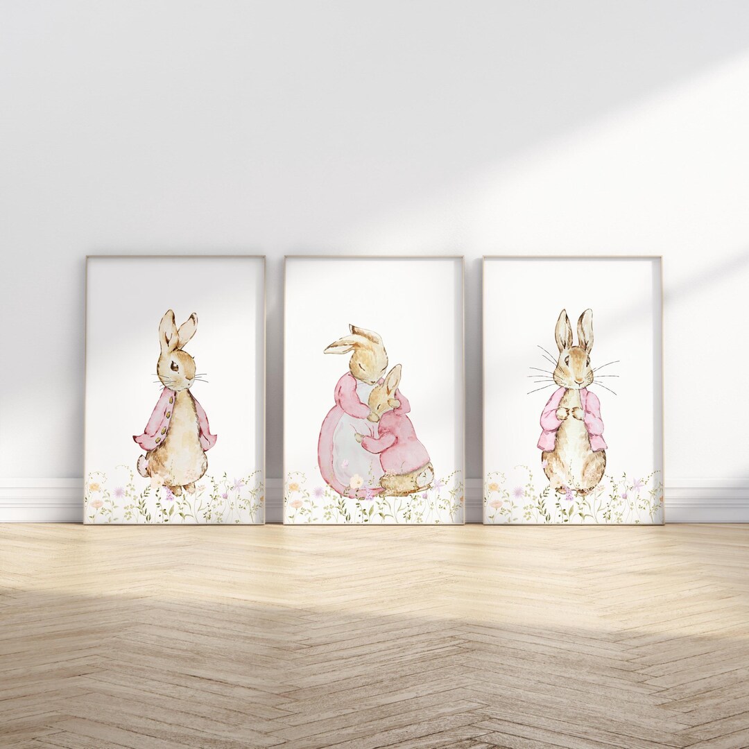 Pink Floral Rabbit Nursery Prints Set of 3 • Baby Girl Nursery Decor ...