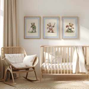 Sport nursery set, Boy nursery wall art sport, Vintage boy nursery, Teddy Bear Golf Print Nursery, Gingham,Blue,baseball nursery decoration