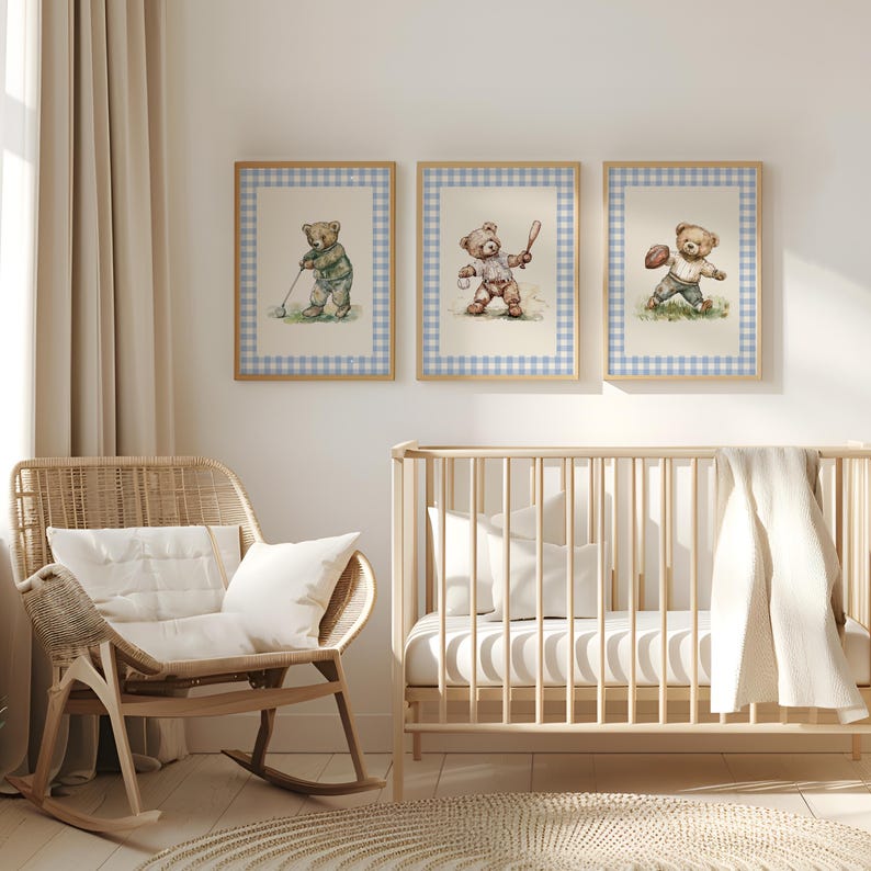 Sport nursery set, Boy nursery wall art sport, Vintage boy nursery, Teddy Bear Golf Print Nursery, Gingham,Blue,baseball nursery decoration