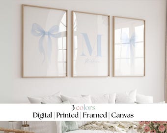 Blue Bows Initial Name Print Set by House of Hari • Preppy Coastal Wall Art • Dorm Decor • Print or Framed