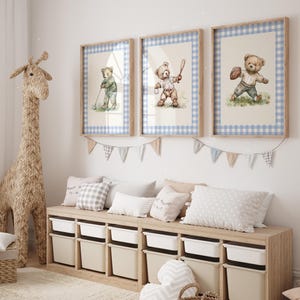 Sport nursery set, Boy nursery wall art sport, Vintage boy nursery, Teddy Bear Golf Print Nursery, Gingham,Blue,baseball nursery decoration