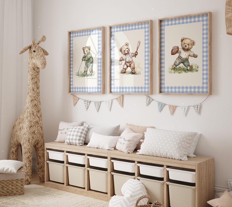 Sport nursery set, Boy nursery wall art sport, Vintage boy nursery, Teddy Bear Golf Print Nursery, Gingham,Blue,baseball nursery decoration
