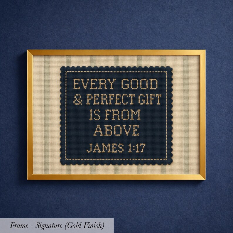 The image is a framed cross-stitch design with a Bible verse from James 1:17 displayed on it.