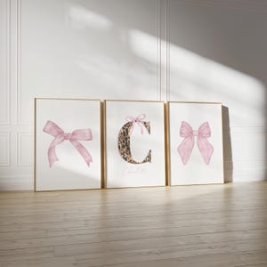 Leopard Bow Custom Initial Name Art, Trendy Girly Posters, Girly College Dorm Decor, Set of 3, Wall Art, Digital Download, Printable, Framed