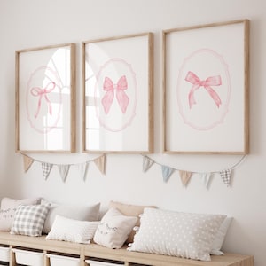 Light Pink Bow Prints, Pink Girly Wall Art Set of 3, Dainty Ribbon Prints, Girl Room Decor, Printable Framed, Pink Nursery Decor