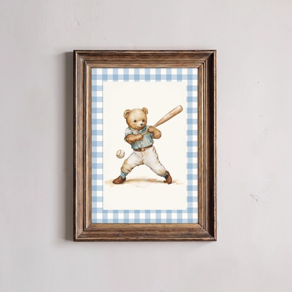 Sports nursery Baseball Teddy Bear Wall Art, boy baseball nursery, vintage nursery, sport nursery, vintage boy nursery teddy, gingham, blue