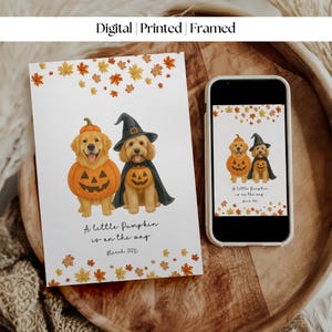 Custom Pet Art halloween baby pregnancy announcement reveal personalized baby girl boy baby nursery family, digital printable printed framed