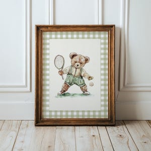 Sports Nursery Vintage Teddy Bear Tennis Art: Gingham Green Decor (Digital, Printable, Framed)