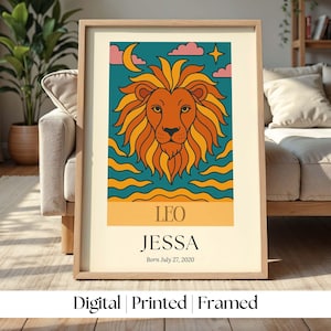 Personalized Leo Zodiac Print: Custom Name Star Sign Art Gift (Digital, Printed & Framed Options)
