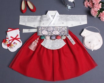 Red Adorable Hanbok Girl | 100Days-6Y/O, Baby Hanbok Girl | Girl Hanbok, 100 Days Hanbok, Dol Hanbok Girl, Baby Girl First Birthday, Baek il