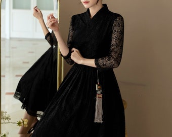 Black See-through Ethnic Pattern Sleeves Dress | Hanbok Women | Korean Hanbok | Modern Hanbok Dress | Korean Dresses for Women