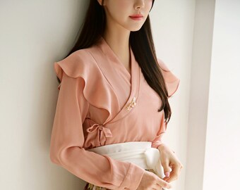 Peach Frill Blouse | Modern Hanbok | Modern Korean Dress | Jeogori Jacket | Korean Style | Korean Wear | Korean Fashion