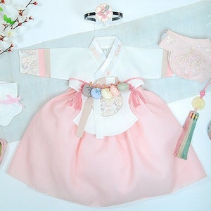 Half Saekdong Ivory Pink | 100 Days -10 Y/O Baby Hanbok Girl | 100 Day Hanbok, Dol Hanbok Girl, Baby Girl First Birthday, Baek il