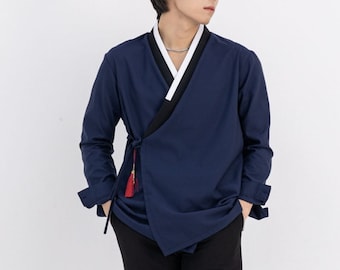 Navy Layer Line Modern Hanbok Shirt For Men | Modern Hanbok | Modern Korean Shirt | Korean Wear | Korean Style | Jeogori | Korean Fashion