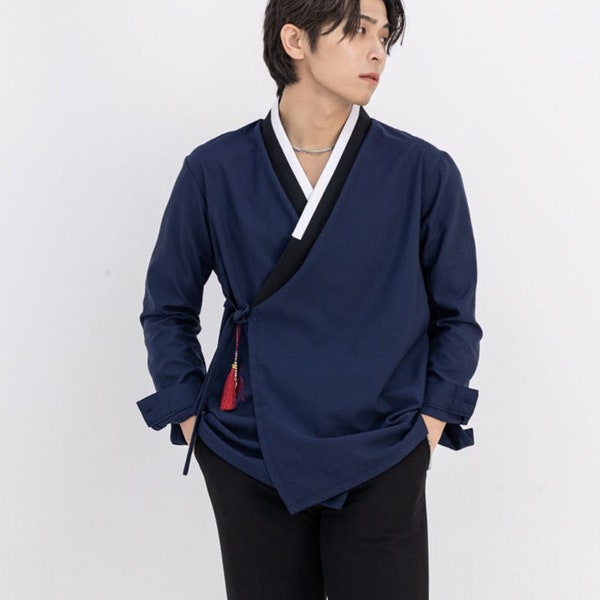 Navy Layer Line Modern Hanbok Shirt For Men | Modern Hanbok | Modern Korean Shirt | Korean Wear | Korean Style | Jeogori | Korean Fashion