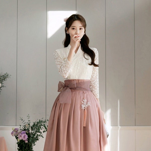 Cream Floral Pattern Modern Hanbok Dress | Hanbok Women | Korean Hanbok | Modern Hanbok Dress | Korean Dresses for Women