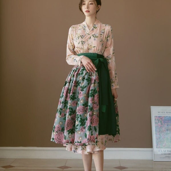 Lovely Floral Pattern Hanbok Dress | Hanbok Women | Korean Hanbok | Modern Hanbok Dress | Korean Dresses for Women