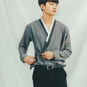 Gray Layer Line Modern Hanbok Shirt For Men | Modern Hanbok | Modern Korean Shirt | Korean Wear | Korean Style | Jeogori | Korean Fashion