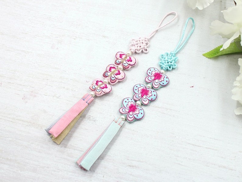 Norigae High Quality Fabric Butterfly 3x Tassel Norigae Bojagi Decoration Hanbok Accessory