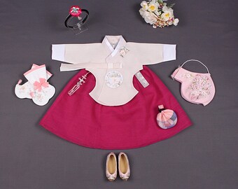 Cherry Hanbok Girl | 100 Days, 1-10 Y/O, Baby Hanbok Girl | Girl Hanbok, 100 Day Hanbok, Dol Hanbok Girl, Baby Girl First Birthday, Baek il