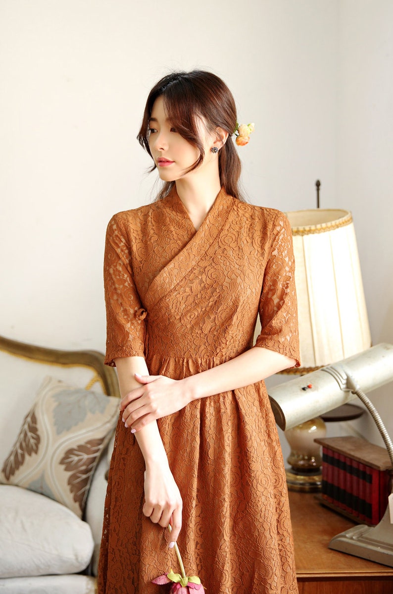 Modern Hanbok Dress Hanbok Inspired Modern Hanbok Dress Hanbok Women Brown Lace Modern Hanbok Korean Korean Modern Hanbok