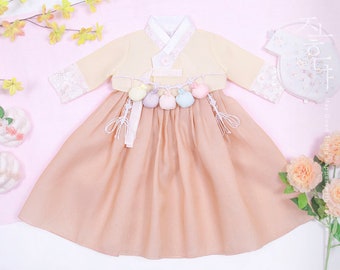 Entzückender Baby-Hanbok für Mädchen in Beige und Aprikose | 1-5 Jahre | Mädchen Hanbok | Dol Hanbok Mädchen | Erster Geburtstag eines kleinen Mädchens