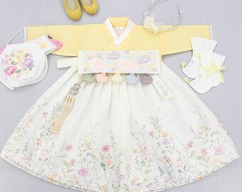 Lemon Yellow Cute Hanbok Girl | 100 Days, 1-13 Y/O, Baby Hanbok Girl | 100 Day Hanbok, Dol Hanbok Girl, Baby Girl First Birthday, Baek il