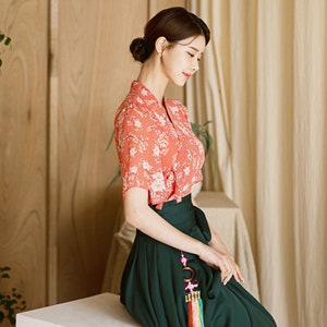 Orange Red Flower Modern Hanbok Dress S-XXL Hanbok Women Korean Hanbok Modern Hanbok Dress Hanbok Skirt Korean Dresses for Women image 5