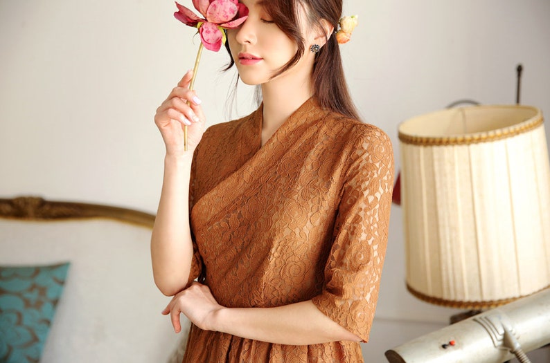 Modern Hanbok Dress Hanbok Inspired Modern Hanbok Dress Hanbok Women Brown Lace Modern Hanbok Korean Korean Modern Hanbok