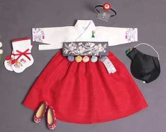 Beautiful White/Red Hanbok Girl | 100 Days, 1-10 Y/O, Baby Hanbok Girl | 100 Day Hanbok, Dol Hanbok Girl, Baby Girl First Birthday, Baek il