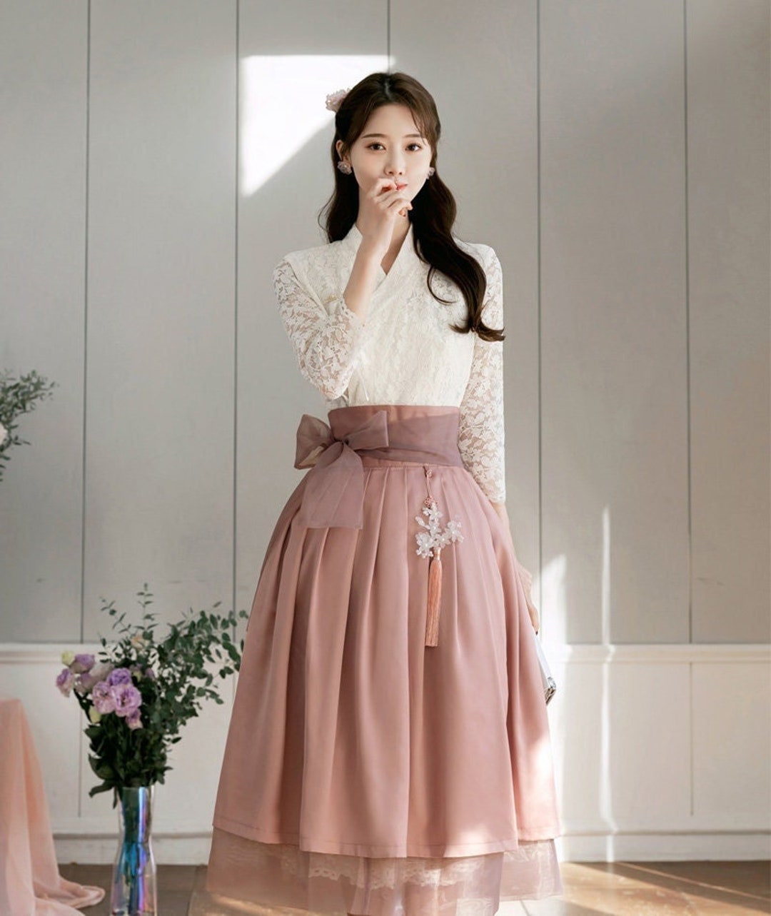 Cream Floral Pattern Modern Hanbok Dress Hanbok Women Korean Hanbok