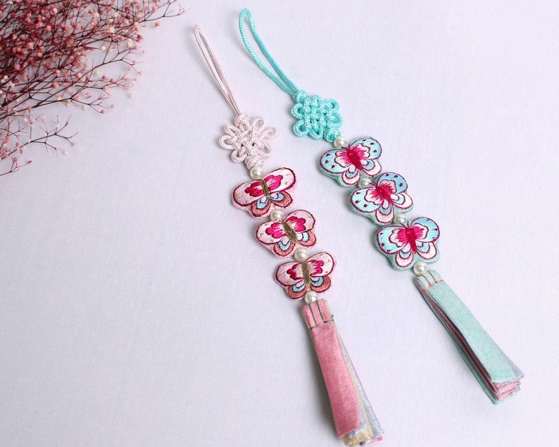 Norigae High Quality Fabric Butterfly 3x Tassel Norigae Bojagi Decoration Hanbok Accessory
