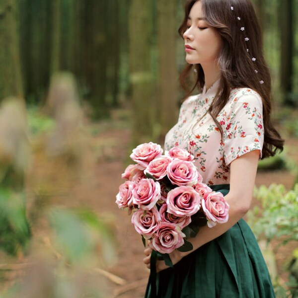 Pink Floral Pattern Modern Hanbok | Hanbok Women | Korean Hanbok | Modern Hanbok Dress | Hanbok Skirt | Korean Dresses for Women