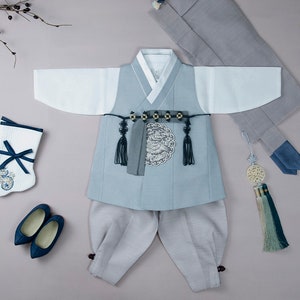 Pastel Warm Sky Blue Phoenix Embroidery Baby Boy Hanbok | 100days Hanbok, Dol Hanbok Boy, Korean Dol, Traditional Hanbok Boy, Baekil