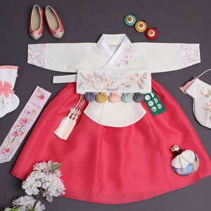 Beautiful Rose Hanbok Girl | 100 Days, 1-10 Y/O, Baby Hanbok Girl | 100 Day Hanbok, Dol Hanbok Girl, Baby Girl First Birthday, Baek il