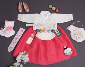 Beautiful Rose Hanbok Girl | 100 Days, 1-10 Y/O, Baby Hanbok Girl | 100 Day Hanbok, Dol Hanbok Girl, Baby Girl First Birthday, Baek il