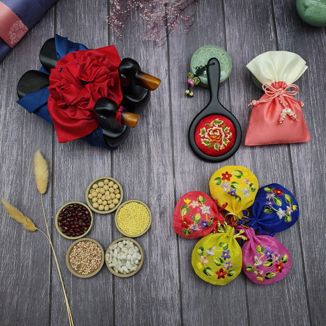 Traditional Korean Wedding Geese Set Korean Wooden Ducks Bojagi Wrapped