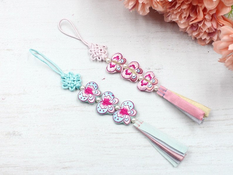 Norigae High Quality Fabric Butterfly 3x Tassel Norigae Bojagi Decoration Hanbok Accessory