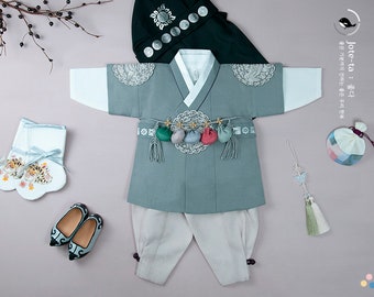 Gray Phoenix Embroidery Baby Boy Hanbok | 100days Hanbok, Dol Hanbok Boy, Korean Dol, Traditional Hanbok Boy, Baekil