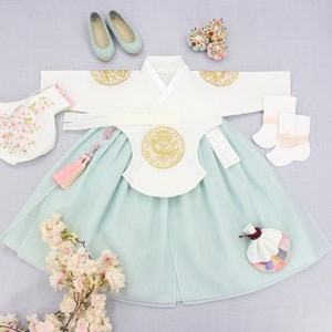 Mint with 3 Dragon Embroideries Girl Hanbok | 100 Days -8 Y/O Girl Hanbok | 100 Day Girl Hanbok, Dol Hanbok, Baek il