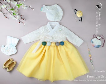 Lovely Spangle Flowers in Yellow Hanbok Girl | 1-10 Y/O, Baby Hanbok Girl | Dol Hanbok Girl, Baby Girl First Birthday