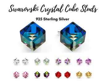 SWAROVSKI Crystal Cube Studs Earrings, 4mm, Sterling Silver 925, Minimalist Tiny Cute Dainty Delicate Studs, Christmas Personalized Gift