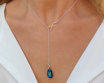 Infinity Heart Lariat Necklace Swarovski Crystal Pendant Bermuda Blue Drop, Sterling Silver Y Necklace, Personalized Jewelry Valentines Gift