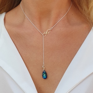 Infinity Herz Lariat Halskette Swarovski Kristall Anhänger Bermuda Blau Tropfen, Sterling Silber Y Halskette, personalisierte Schmuck Valentines Geschenk