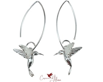 Pendientes colgantes Colibri de plata de ley y oro rosa ~ Pendientes colgantes largos de colibrí ~ Regalo de joyería de pájaro boho delicado para su amiga mamá