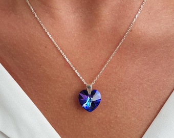 Swarovski  Blue Purple HEART : Dangle Earrings Necklace Set. 925 Sterling Silver. Heliotrope. for a Girl/ For Mom/ Friend. Mother's Day