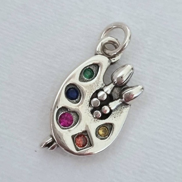 Ciondolo con ciondolo tavolozza dell'artista, tavolozza di colori e pennello, amante della pittura artistica, perlina pendente per braccialetto, argento sterling 925, gioielli per pittori