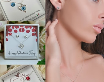 Silver Heart Necklace Round Studs Earrings Jewelry Set Swarovski Crystals - Custom Mother Daughter Wife Christmas Best Friend Birthday Gift